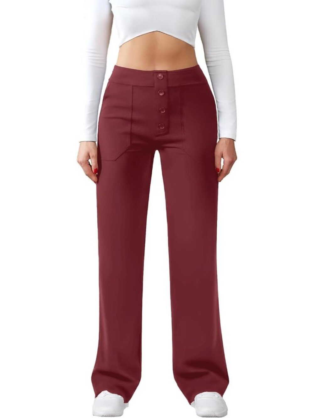 Women's Wine Red Casual High Waist Straight Leg Stretchy Button Dress Pants